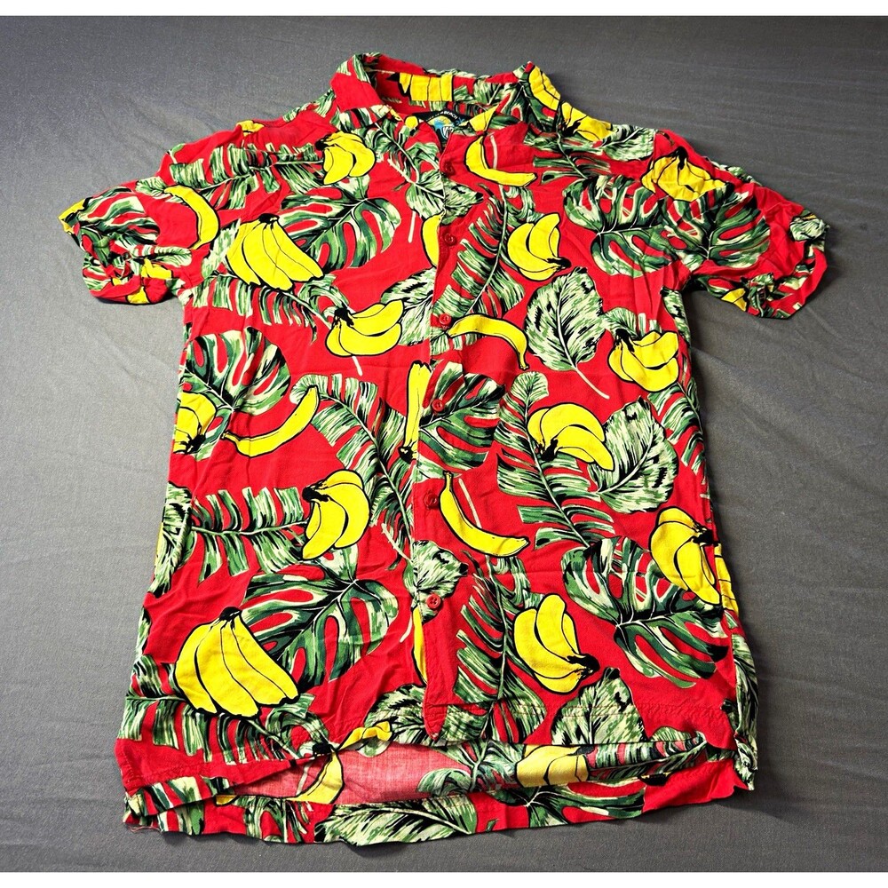 Good Vibes Mens Size S Red Hawaiian Tropical Banana Print Short Sleeve Button-Up